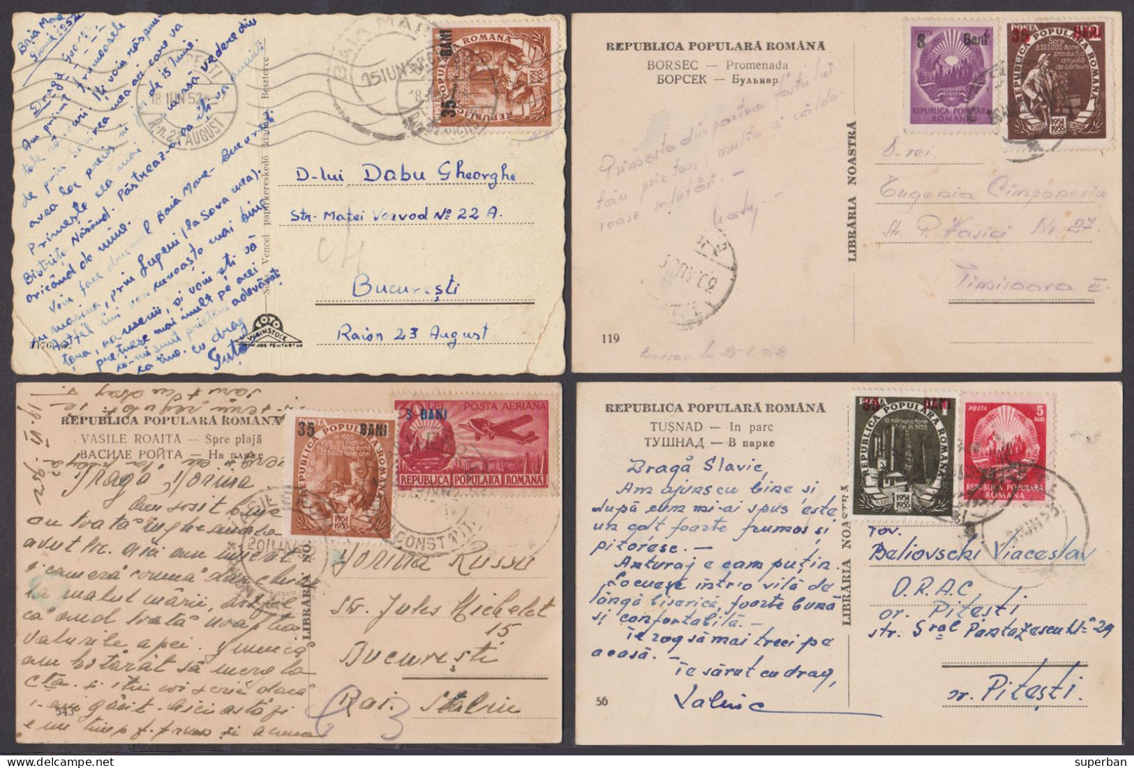 ROMANIA : 1952 - STABILIZAREA MONETARA / MONETARY STABILIZATION - LOT : 4 POSTCARDS With OVERPRINTED STAMPS (al884) - Storia Postale