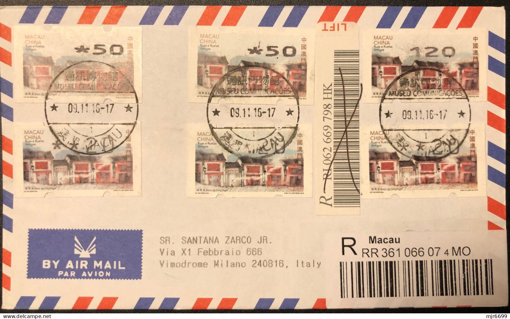 2016 MACAU ATM LABEL OLD STREETS ISSUE, REGISTERED COVER TO ITALY. 12P LABEL WITH PRINTING ERROR, Shift Left. - Distributeurs