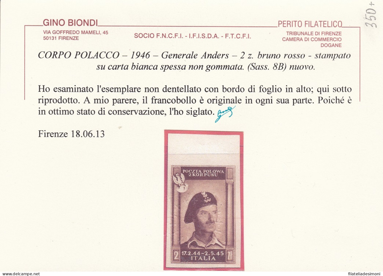 1946 CORPO POLACCO, N° 8B 2 Zl. Bruno Rosso NUOVO SENZA GOMMA Certificato Biondi BORDO DI FOGLIO - 1946-47 Período Del Corpo Polacco
