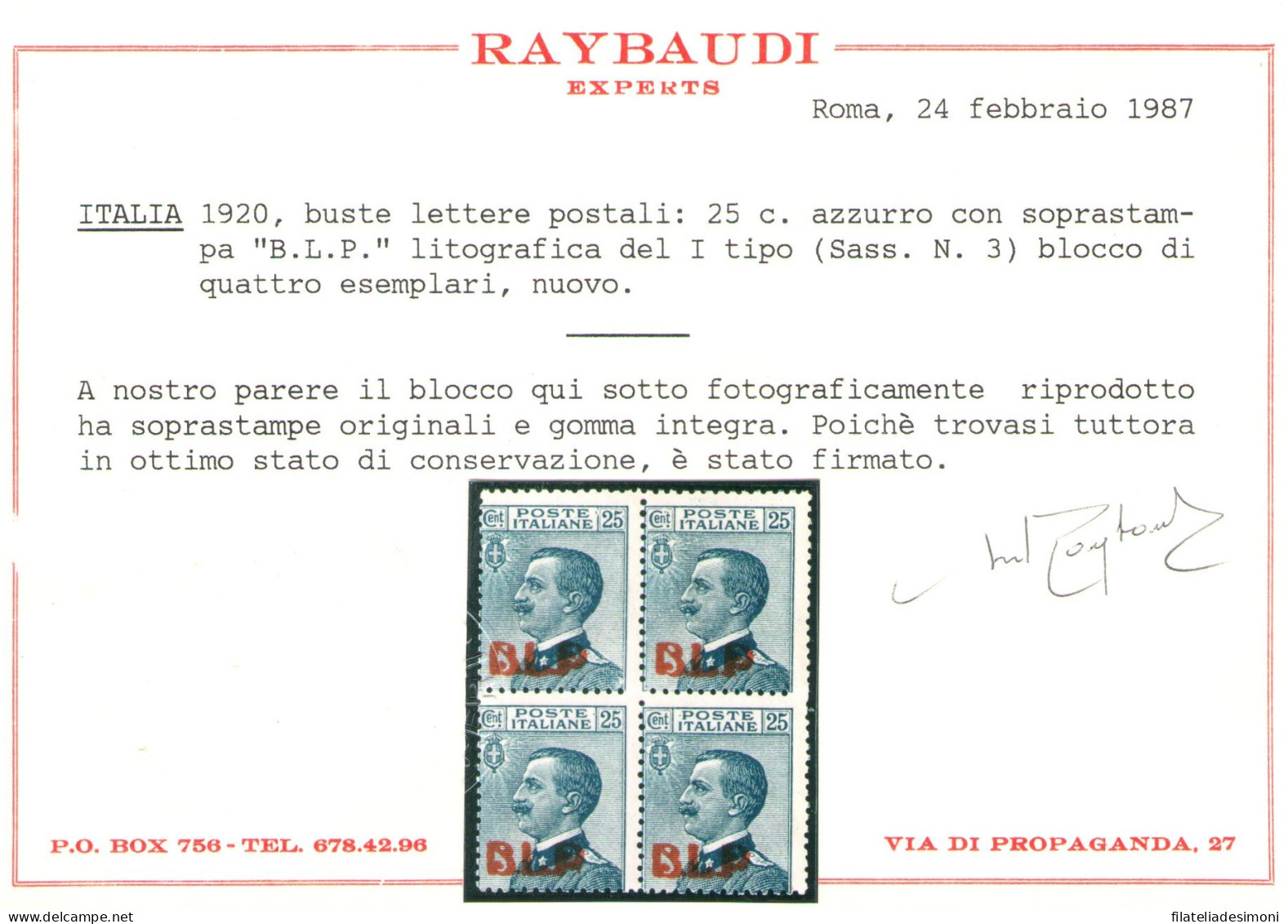 1921 Regno Di Italia , BLP N° 3 , 25 Cent Azzurro , Soprastampa Litografica I° Tipo , Centratura Mediocre , MNH** - Ce - Francobolli Per Buste Pubblicitarie (BLP)