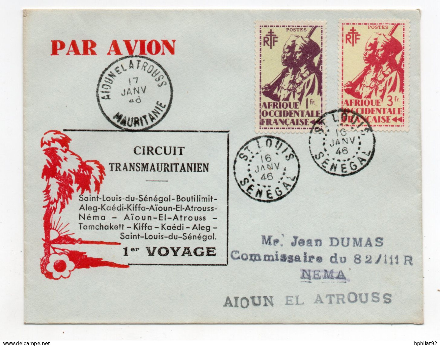 !!! AOF, 1ER VOYAGE CIRCUIT TRANSMAURITANIEN DE SAINT-LOUIS, SENEGAL-MAURITANIE PAR AVION DE 1946 - Lettres & Documents