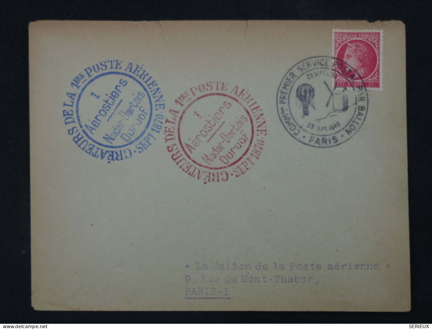 C1 FRANCE BELLE LETTRE  1946 SIEGE DE PARIS 1870  1ER AEROSTIERS  +BALLON MONTé +AEROPHILATELIE +AFF. PLAISANT - 1927-1959 Briefe & Dokumente