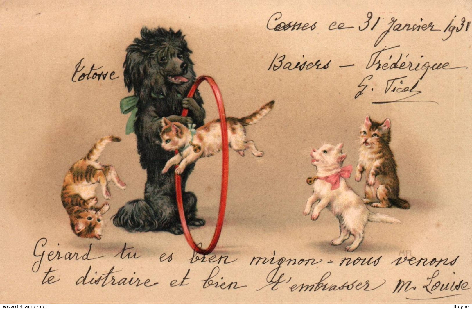 Chat - Cpa Illustrateur - Chats Et Chien Humanisés Jouant Au Cerceau - Cirque Circus - Cat Katze Dog - Chats
