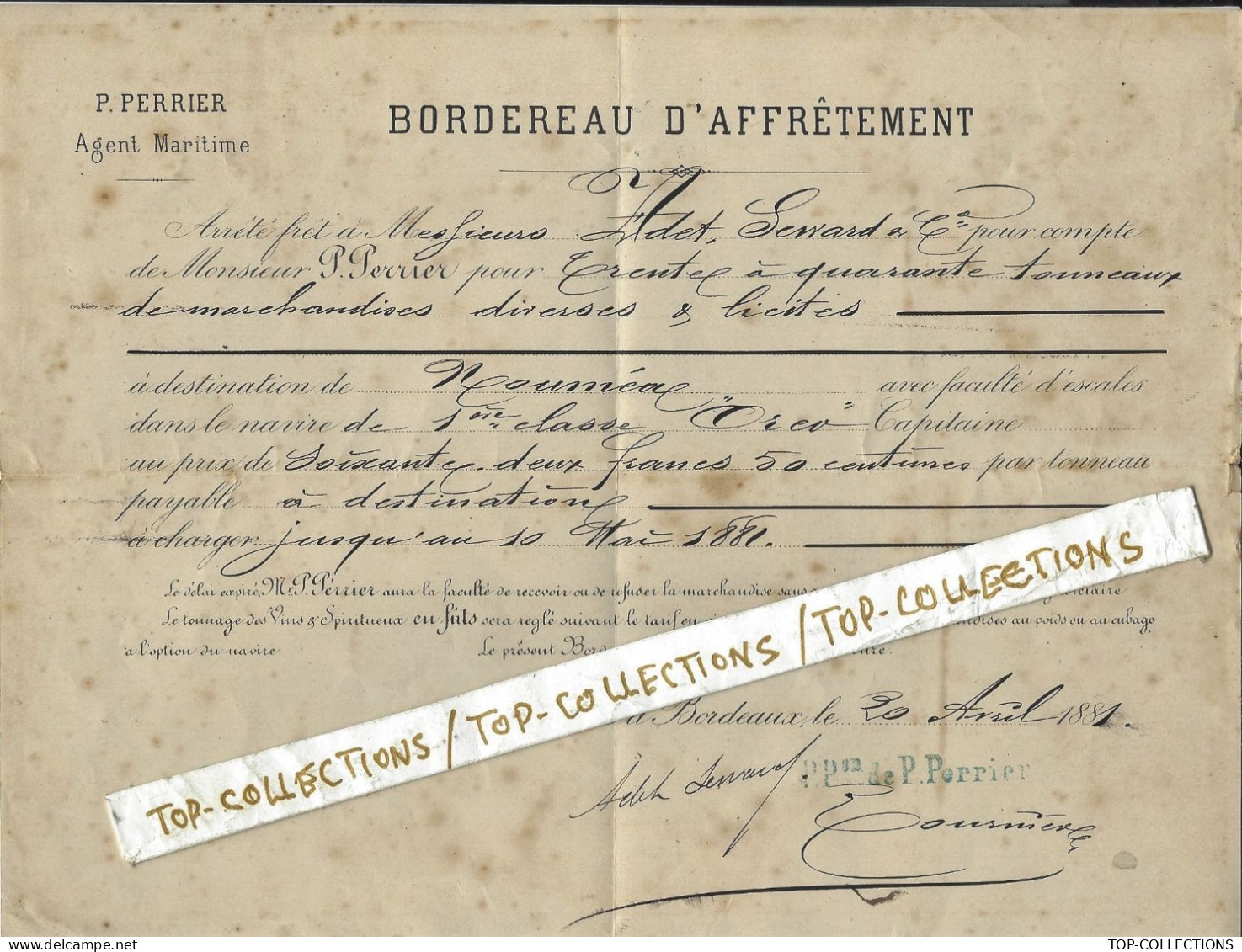 1881 NAVIGATION COMMERCE  AFFRETEMENT NAVIRE 1ère Classe Orev Allant De Bordeaux Pour Nouméa V.SCANS+HISTORIQUE - 1800 – 1899