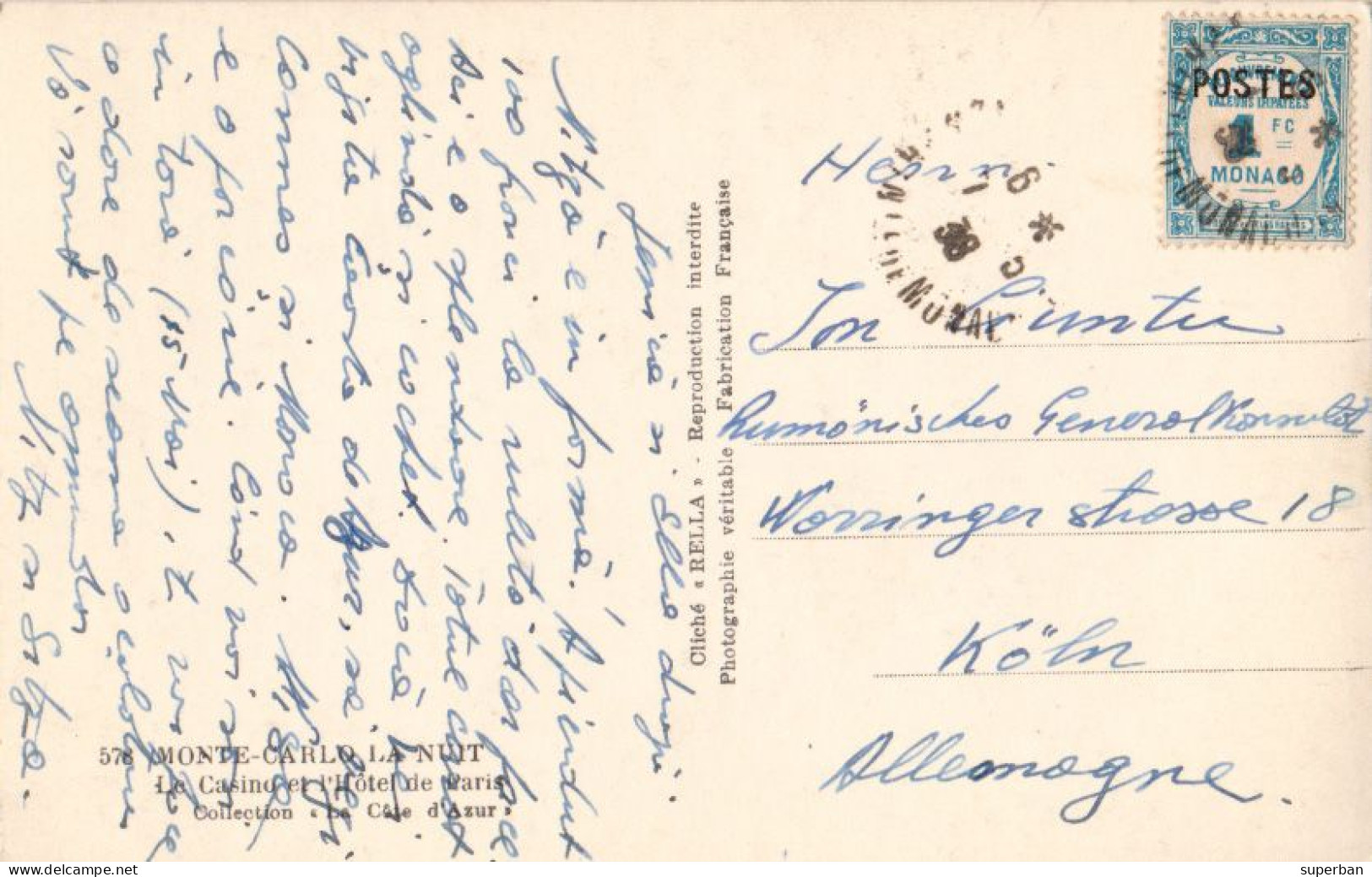 MONACO - TIMBRE DE RECOUVREMENT (1 FC) SURCHARGÉ : POSTES - SEUL SUR LETTRE / CARTE POSTALE - 1938 (al873) - Briefe U. Dokumente