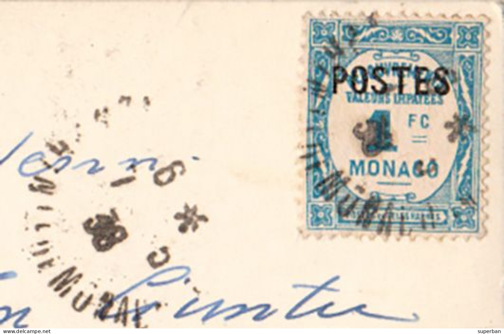 MONACO - TIMBRE DE RECOUVREMENT (1 FC) SURCHARGÉ : POSTES - SEUL SUR LETTRE / CARTE POSTALE - 1938 (al873) - Briefe U. Dokumente