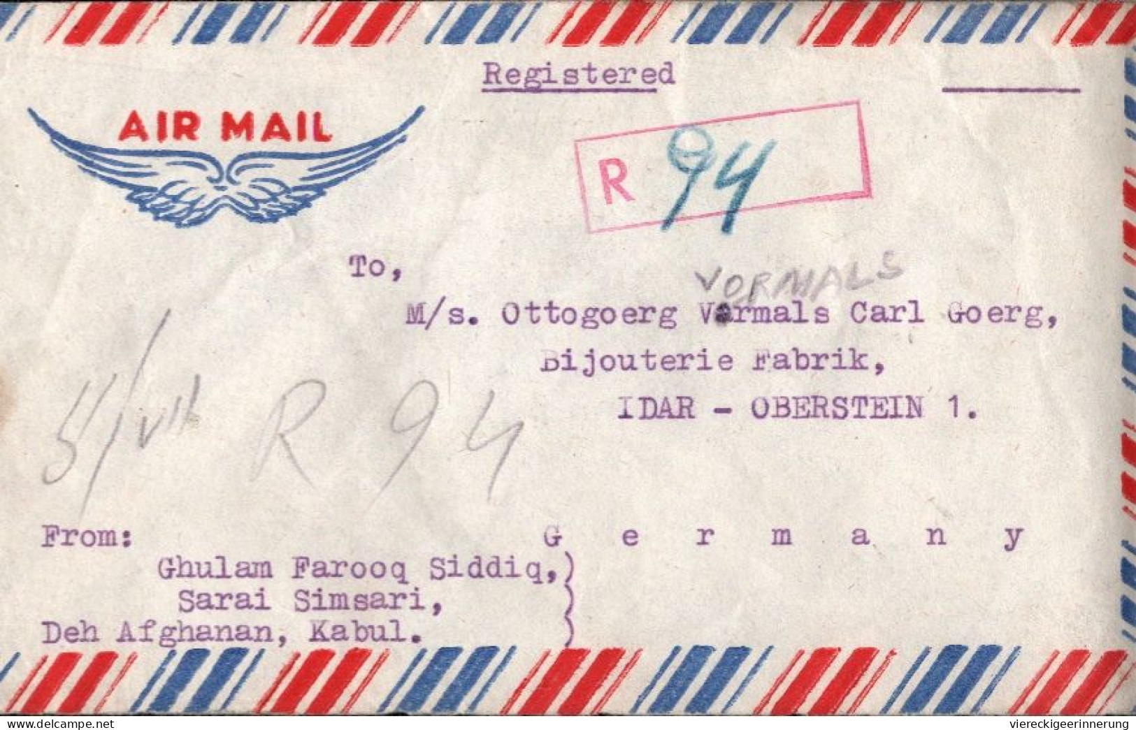 ! 3 R-Zettel + 1 Einschreiben 1955, Airmail Cover, Kabul, Afganistan, Nach Idar-Oberstein - Afghanistan