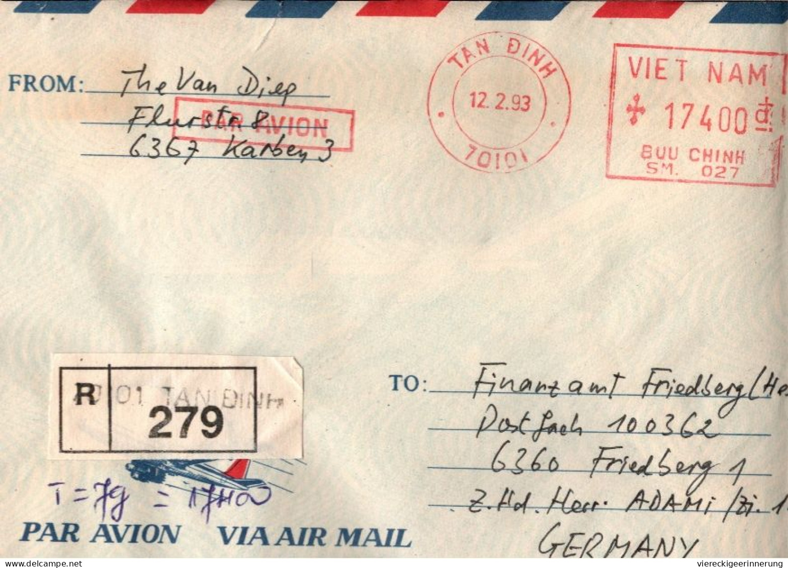 ! Einschreiben 1993, Airmail Cover, Tan Dihn, Vietnam, Meter Cancel - Vietnam