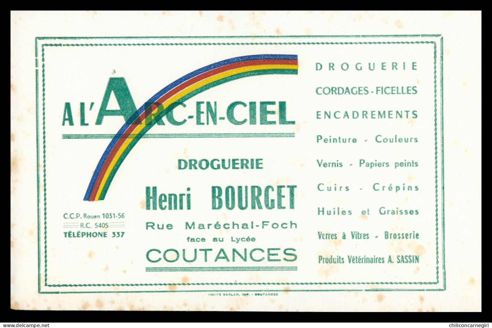 * Buvard - A L'ARC EN CIEL - DROGUERIE HENRI BOURGET - Rue Maréchal Foch - COUTANCES - Peinture Huiles Vernis - Pinturas