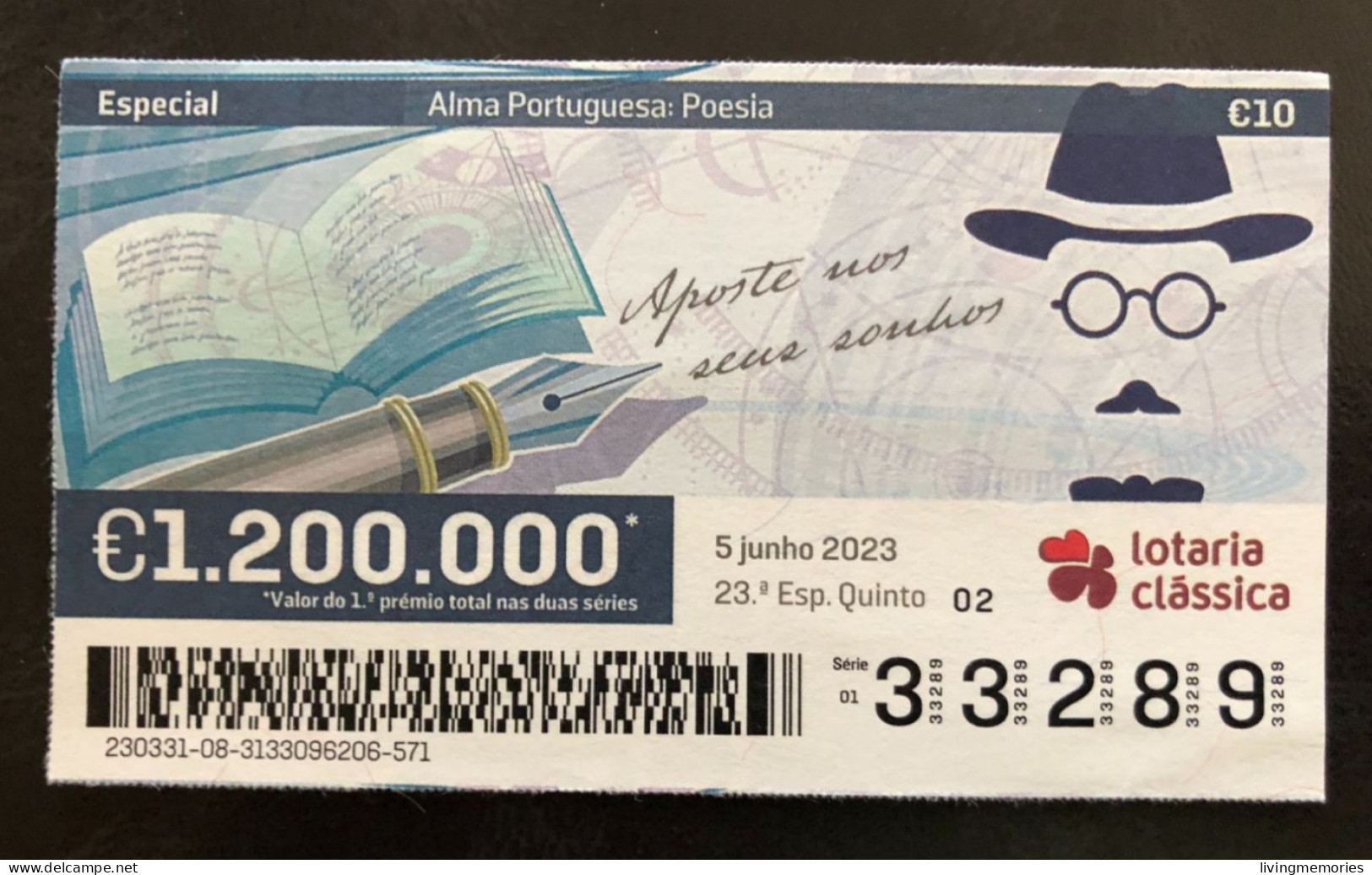 112 G, 1 X Lottery Ticket, Portugal, « Alma Portuguesa »,  « Portuguese Soul », « Poetry », « Fernando Pessoa », 2023 - Billetes De Lotería