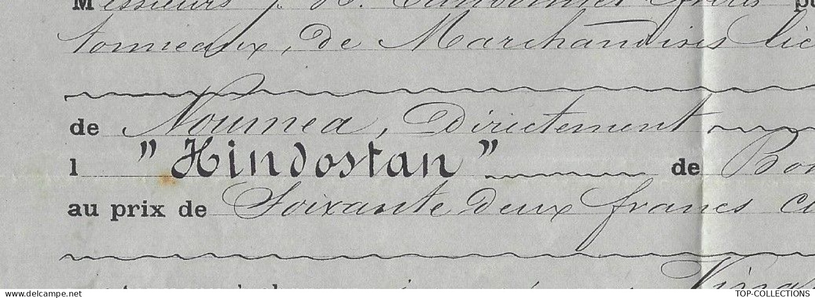 1877  NAVIGATION COMMERCE AFFRETEMENT NAVIRE HINDOSTAN  Bordeaux à Nouméa Nouvelle Calédonie  TANDONNET FR. Armateurs - 1800 – 1899