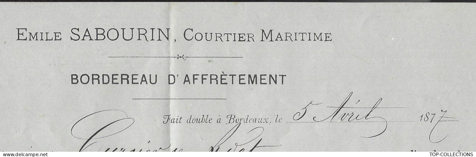 1877  NAVIGATION COMMERCE AFFRETEMENT NAVIRE HINDOSTAN  Bordeaux à Nouméa Nouvelle Calédonie  TANDONNET FR. Armateurs - 1800 – 1899