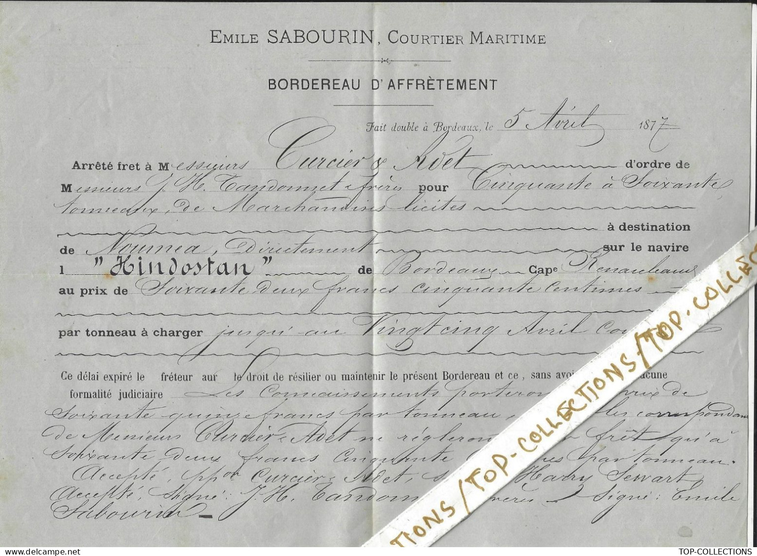 1877  NAVIGATION COMMERCE AFFRETEMENT NAVIRE HINDOSTAN  Bordeaux à Nouméa Nouvelle Calédonie  TANDONNET FR. Armateurs - 1800 – 1899