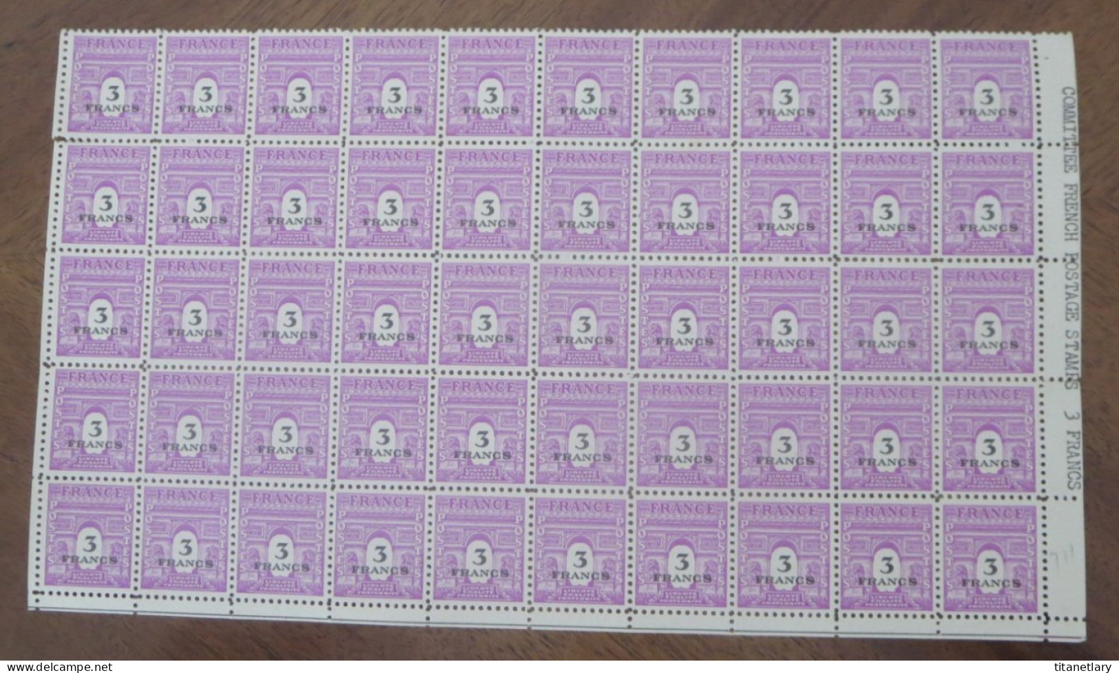 TYPE ARC DE TRIOMPHE -  3 Fr - Planche De 50 Timbres  FRANCE / 1945 / Y&T N° 711 - 1944-45 Arc De Triomphe