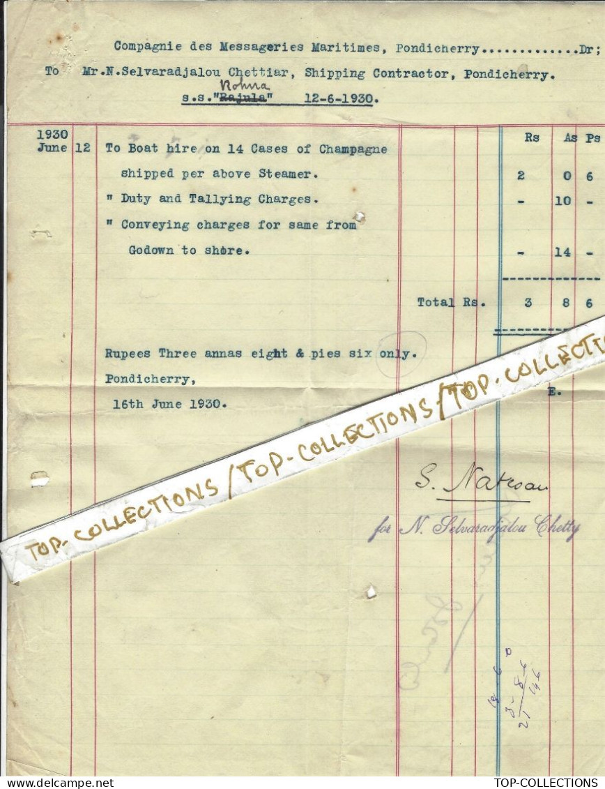 1930 NAVIGATION COMMERCE CHAMPAGNE Messageries Maritimes > INDE Pondichery Selvaradjalou Shipping Contract. VAPEUR Rohna - 1900 – 1949