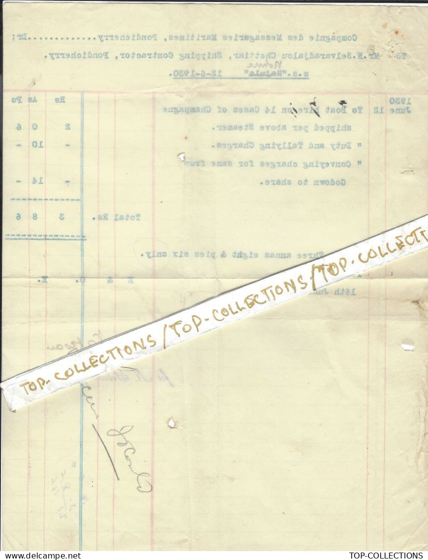 1930 NAVIGATION COMMERCE CHAMPAGNE Messageries Maritimes > INDE Pondichery Selvaradjalou Shipping Contract. VAPEUR Rohna - 1900 – 1949