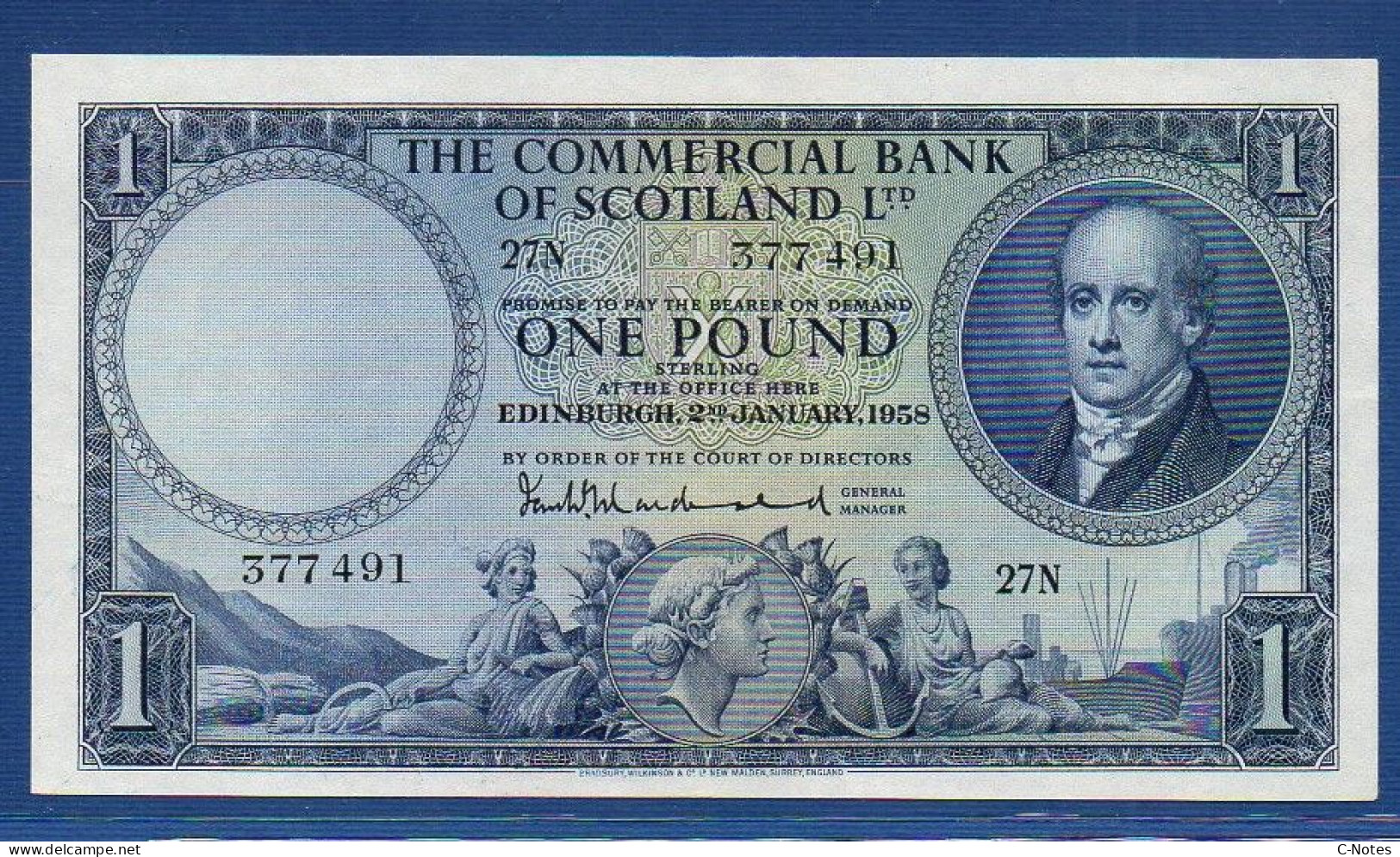SCOTLAND - P.S336 – 1 POUND 02.01.1958 AUNC, S/n 27N 377491 - 1 Pound