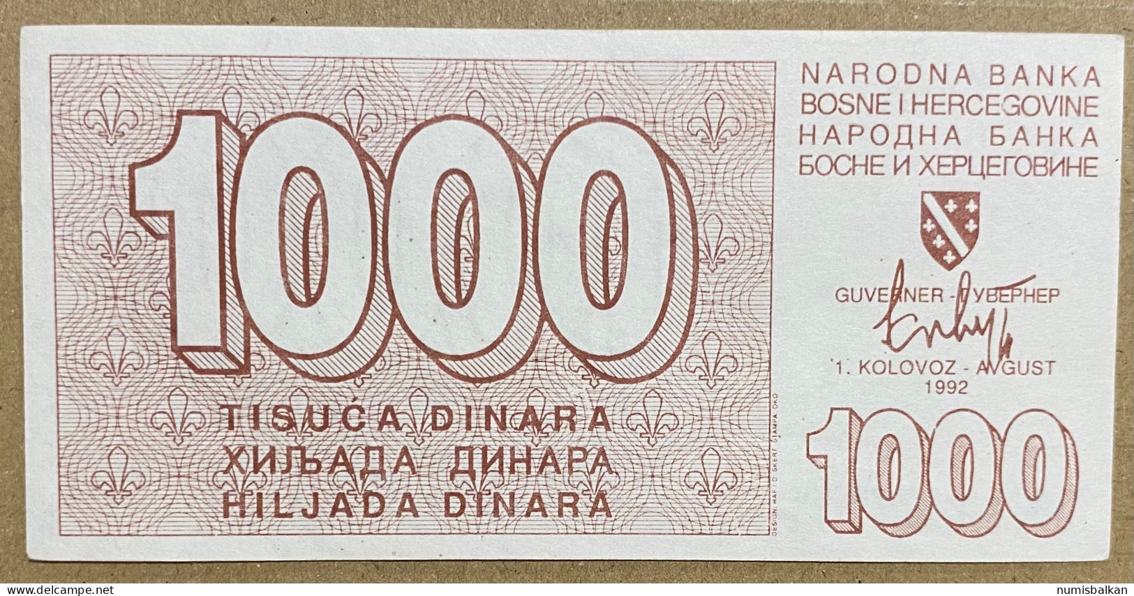 Bosnia, 1000 Dinara 1992, Pick-26a, AUNC - Bosnie-Herzegovine