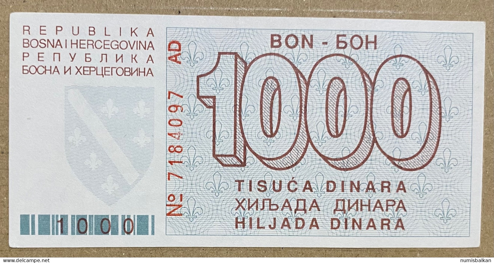 Bosnia, 1000 Dinara 1992, Pick-26a, AUNC - Bosnie-Herzegovine