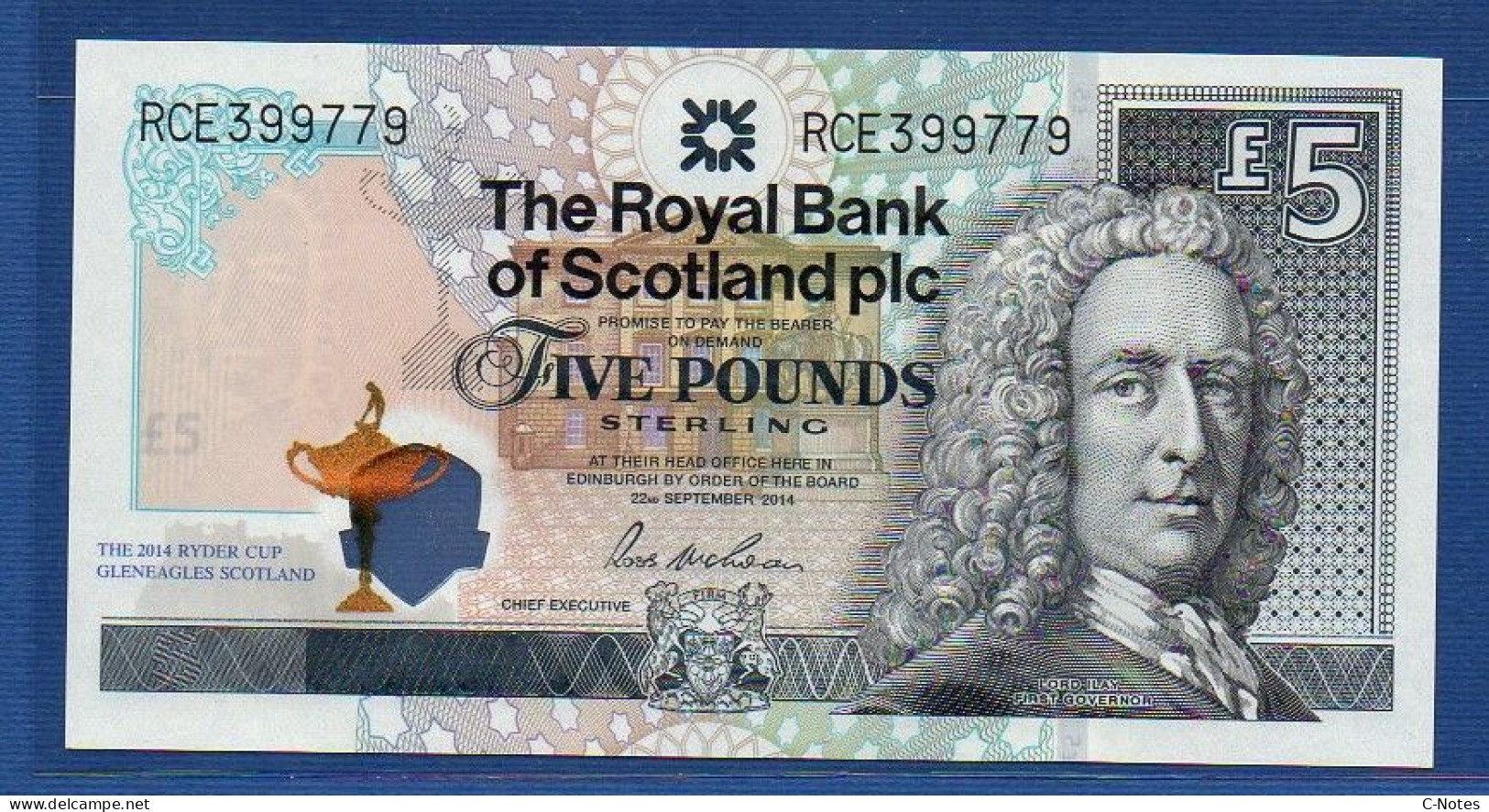 SCOTLAND - P.369 – 5 POUNDS 2014 UNC, S/n RCE399779 "Ryder Cup" Commemorative Issue - 5 Pond