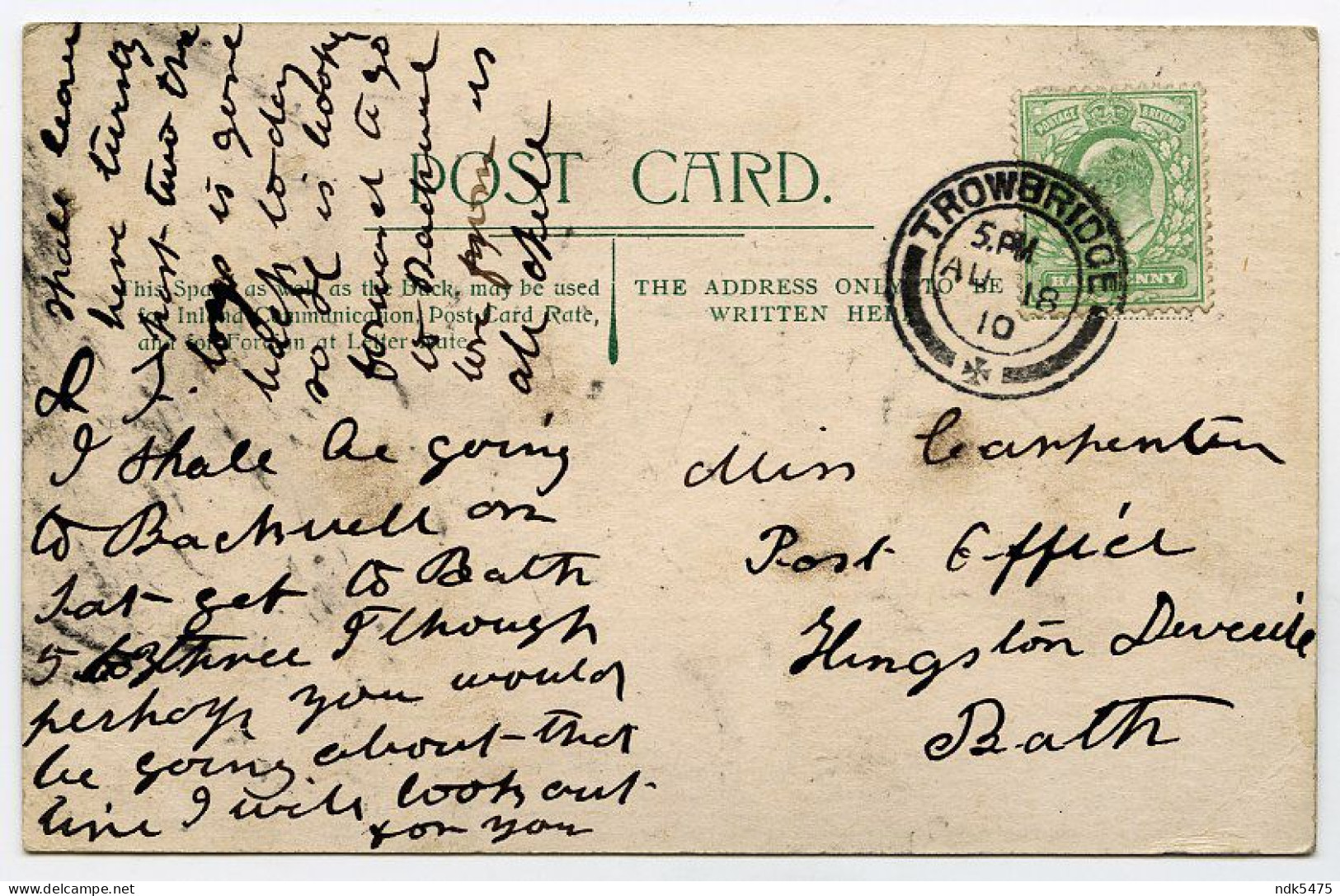 BATH : VICTORIA PARK / KINGSTON DEVERILL, POST OFFICE (CARPENTER) / TROWBRIDGE POSTMARK - Bath