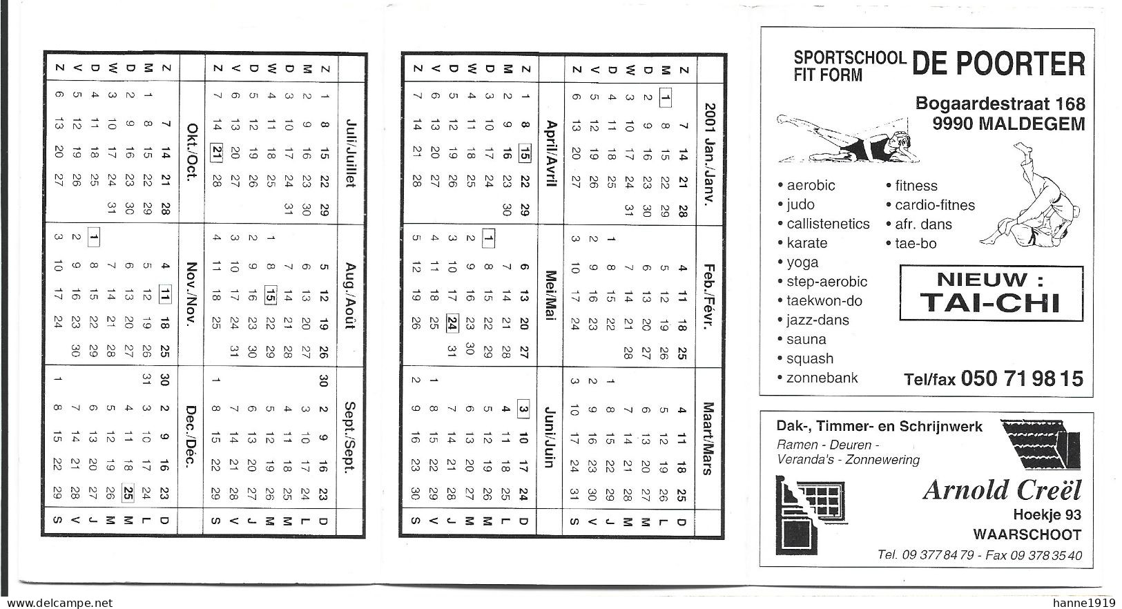 Maldegem Eeklo Sportschool De Poorter Judoschool Kalender 2001 Calendrier Htje - Petit Format : 2001-...