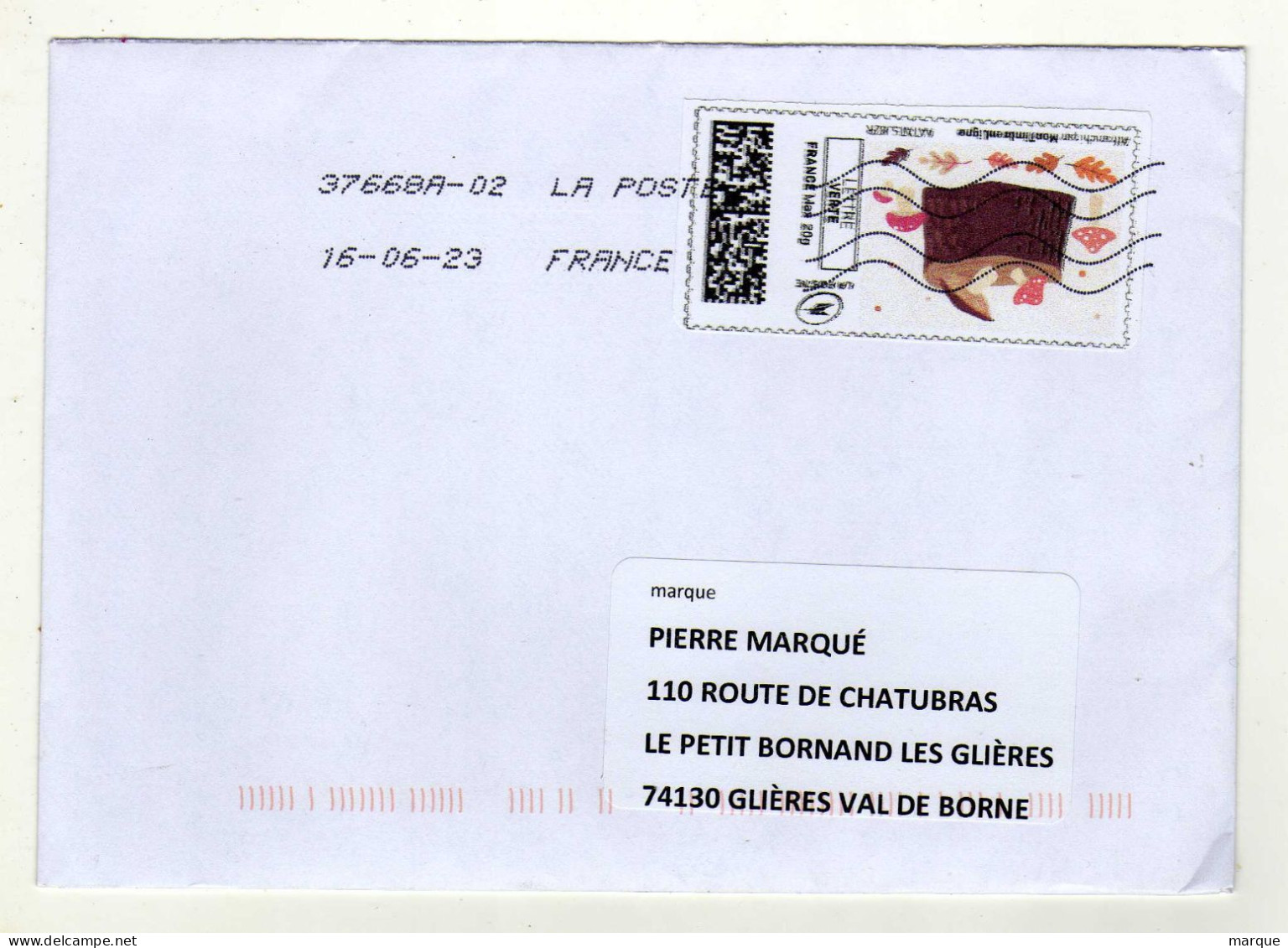 Enveloppe FRANCE Avec Vignette Affranchissement Lettre Verte Oblitération LA POSTE 37668A-02 16/06/2023 - 2010-... Geïllustreerde Frankeervignetten