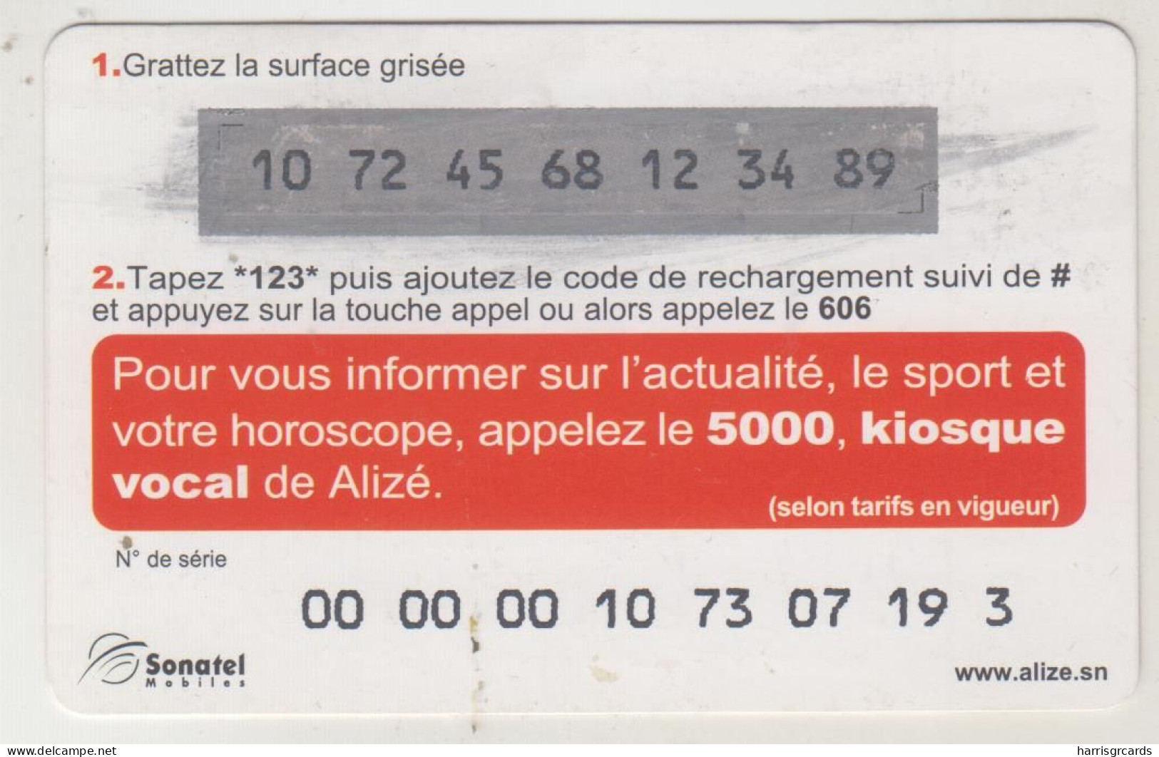 SENEGAL - Alizé - Mobile Refill , Vivez Le Meilleur Du Mobile, 5,000 CFA(+10 SMS), Used - Senegal