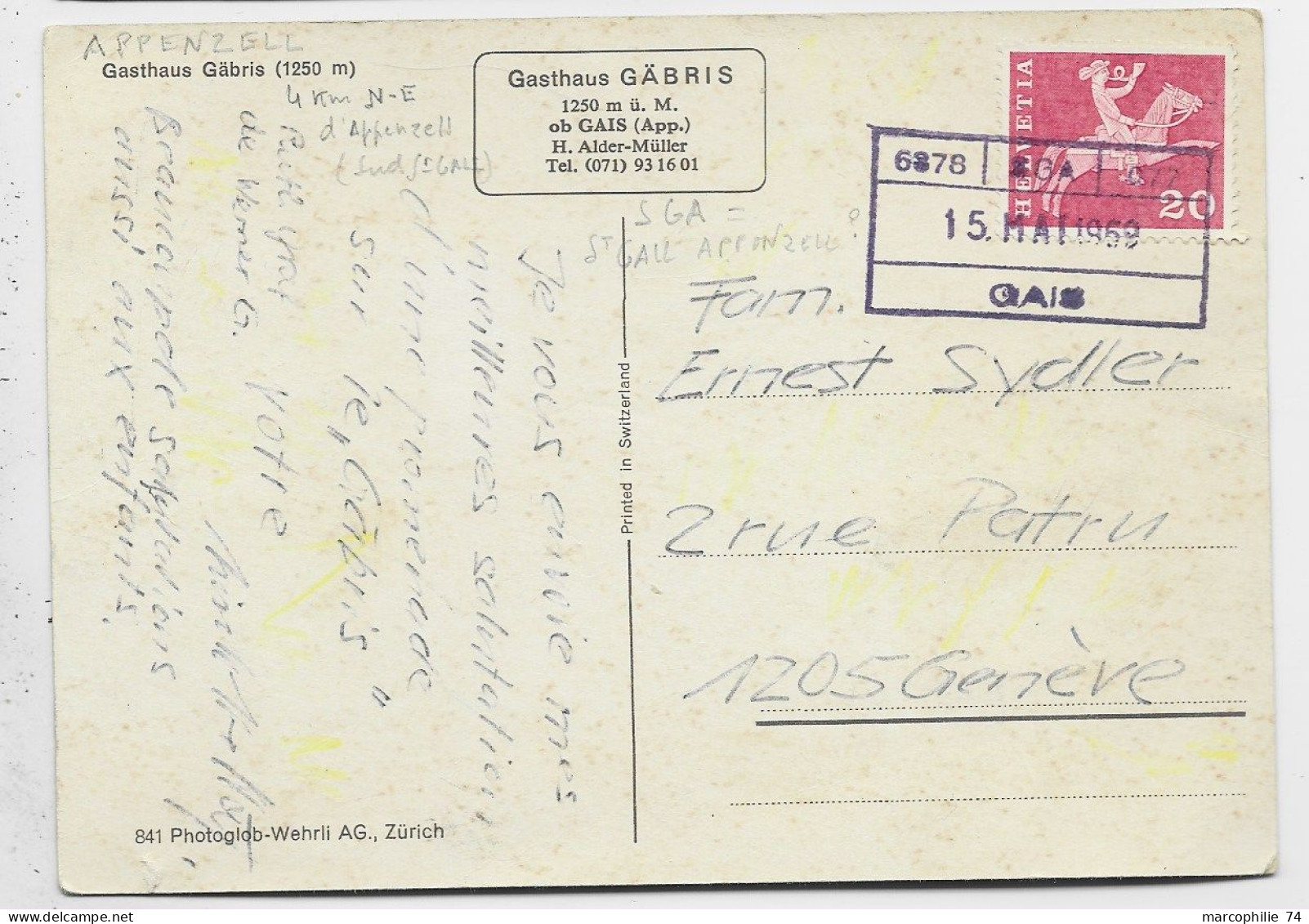 HELVETIA SUISSE 20C GRIFFE 6378 SGA 15 MAI 1969 GAIS CARTE GASTHAUS TO GENEVE - Chemins De Fer