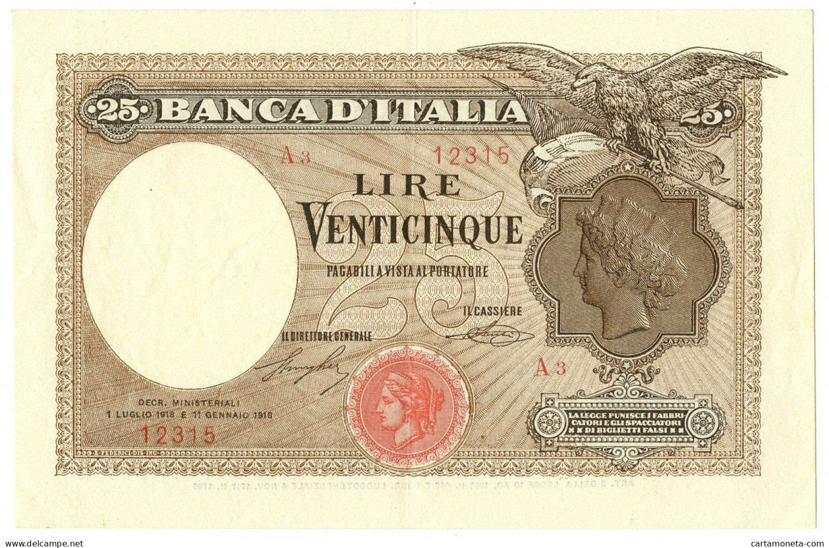 25 LIRE BANCA D'ITALIA AQUILA CON BANDIERA SABAUDA 01/07/1918 SPL/SPL+ - Regno D'Italia – Other