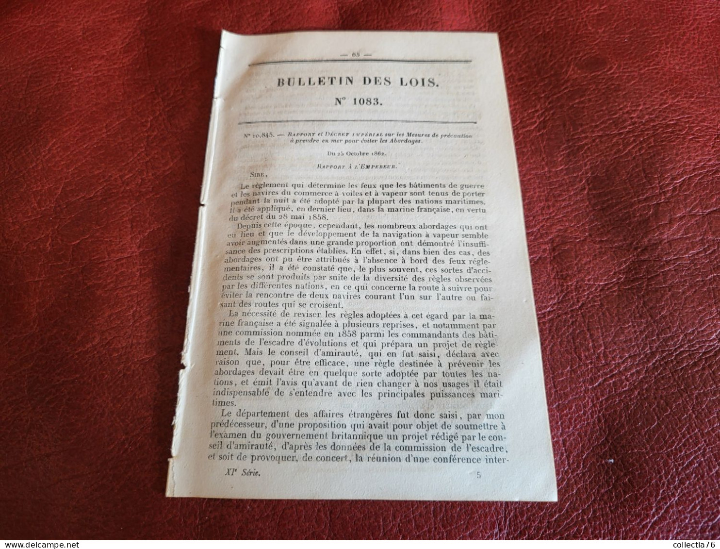 BULLETIN DES LOIS 1863 DECRET IMPERIAL MESURES PRECAUTIONS PRENDRE EN MER EVITER ABORDAGES PIRATERIE - Decreti & Leggi