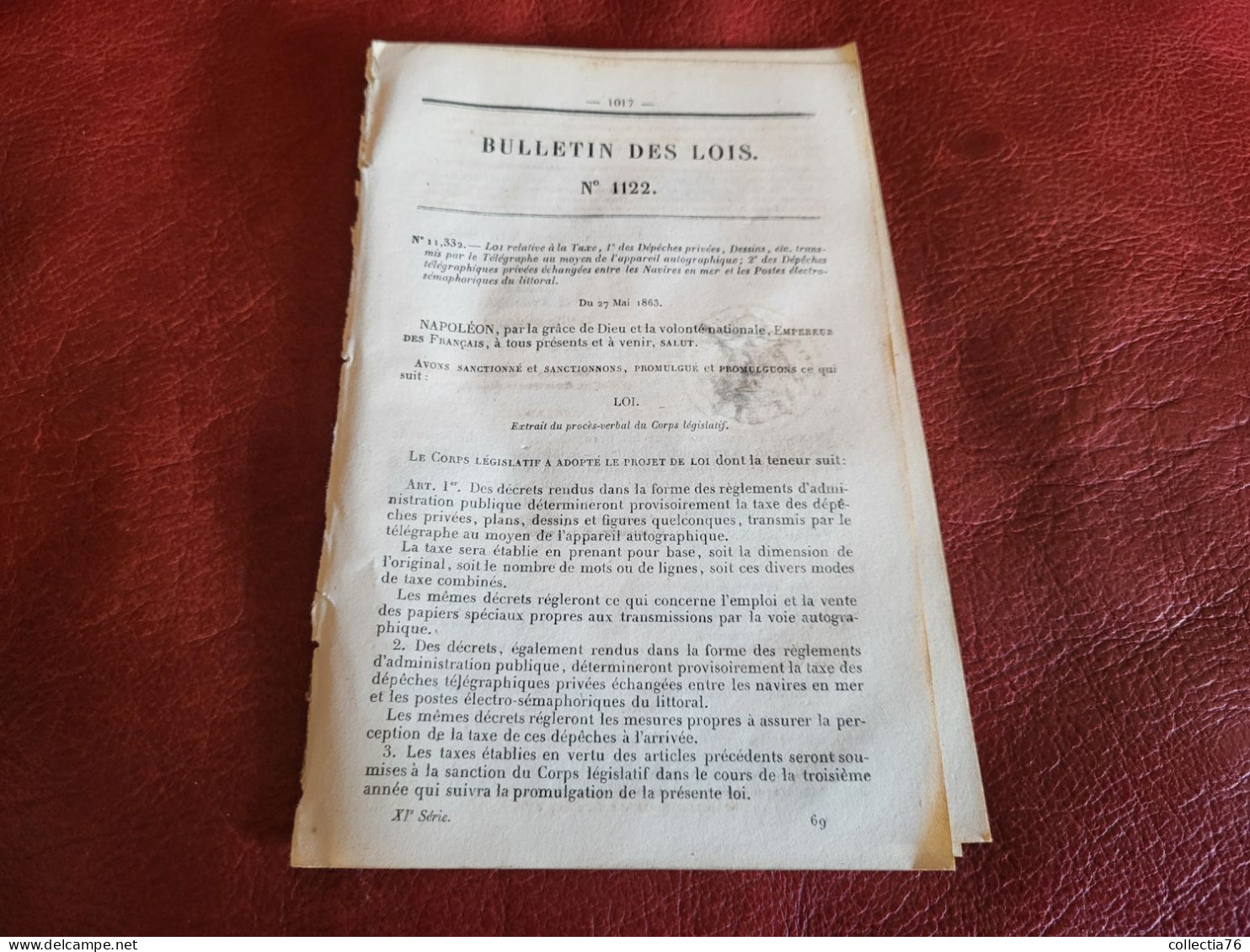 BULLETIN DES LOIS 1863 LOI TAXE DEPECHES DESSINS TELEGRAPHE NAVIRES EN MER SEMAPHORE LITTORAL - Decreti & Leggi