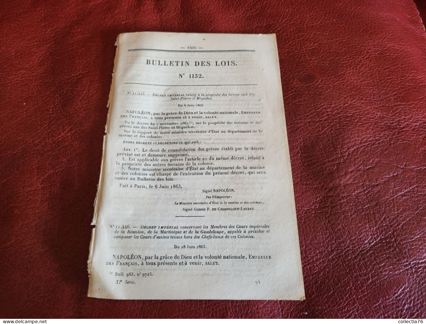 BULLETIN DES LOIS 1863 DECRET IMPERIAL PROPRIETE DES GREVES AUX ILES SAINT PIERRE ET MIQUELON - Decreti & Leggi