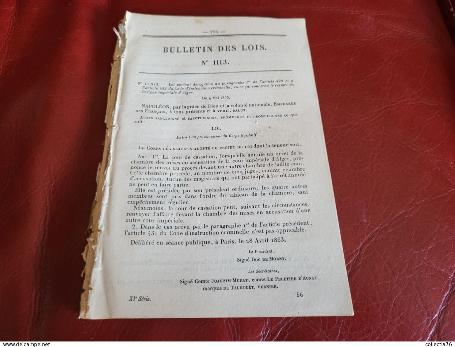 BULLETIN DES LOIS 1863 LOI DEROGATION CODE INSTRUCTION CRIMINELLE COUR IMPERIALE D ALGER - Decreti & Leggi