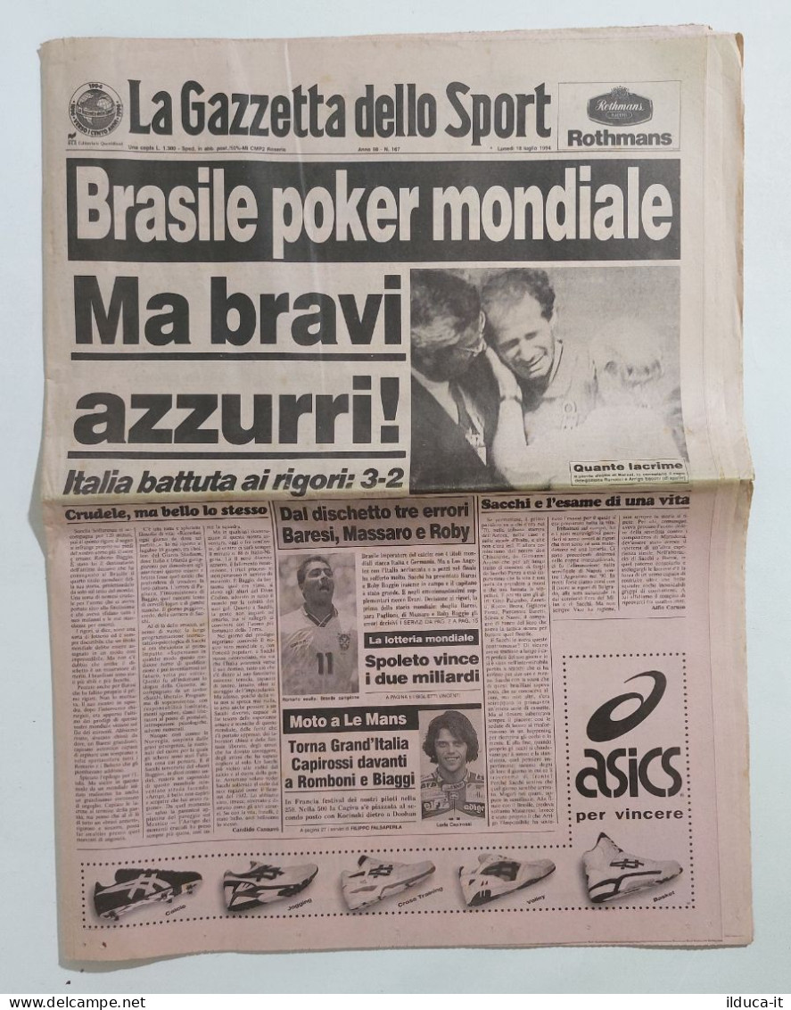 46718 Gazzetta Dello Sport 18/07/1994 - Finale Mondiali USA 94 Brasile Poker - Sports
