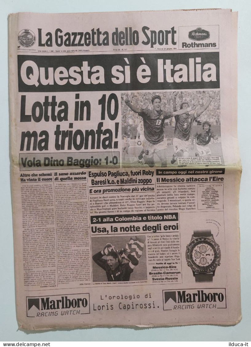 47545 Gazzetta Dello Sport 24/06/1994 Mondiali USA 94 Italia Batte Norvegia 1-0 - Sports