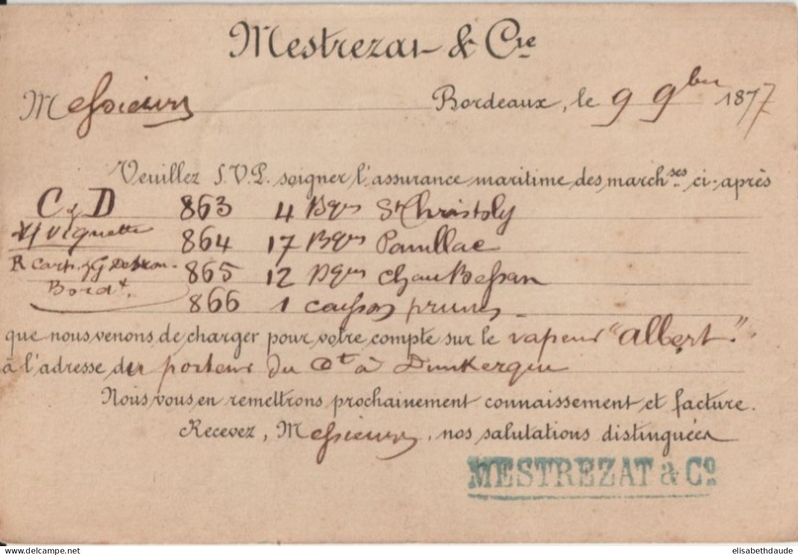 1877 - CP PRECURSEUR ENTIER SAGE Avec REPIQUAGE PRIVE ! (MESTREZAT) De BORDEAUX - Cartes Précurseurs