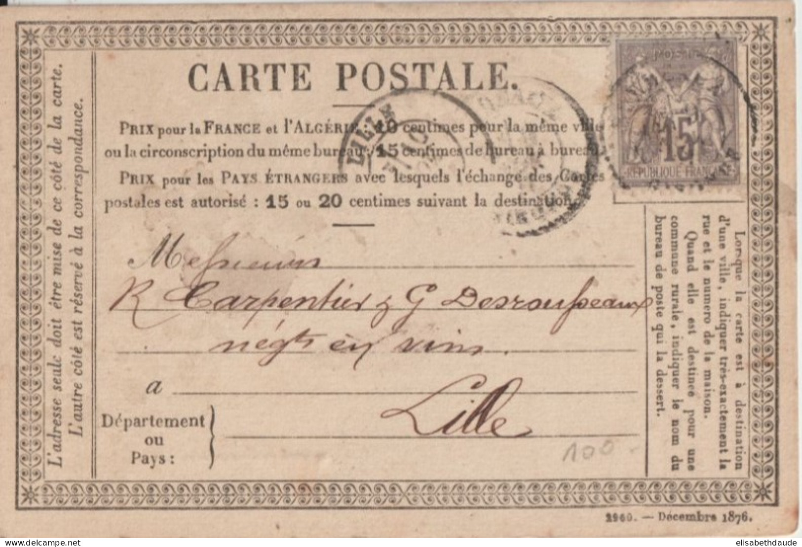 1877 - CP PRECURSEUR ENTIER SAGE Avec REPIQUAGE PRIVE ! (MESTREZAT) De BORDEAUX - Voorloper Kaarten