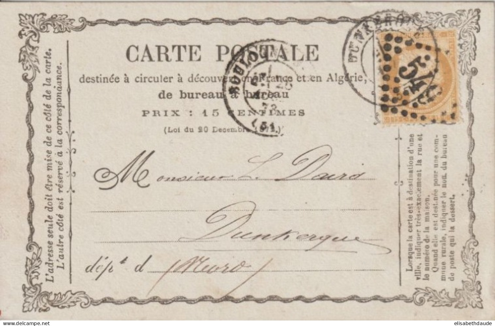 1873 - CP PRECURSEUR ENTIER CERES Avec REPIQUAGE PRIVE ! (LEBEAU) De BOULOGNE SUR MER (PAS DE CALAIS) - Voorloper Kaarten