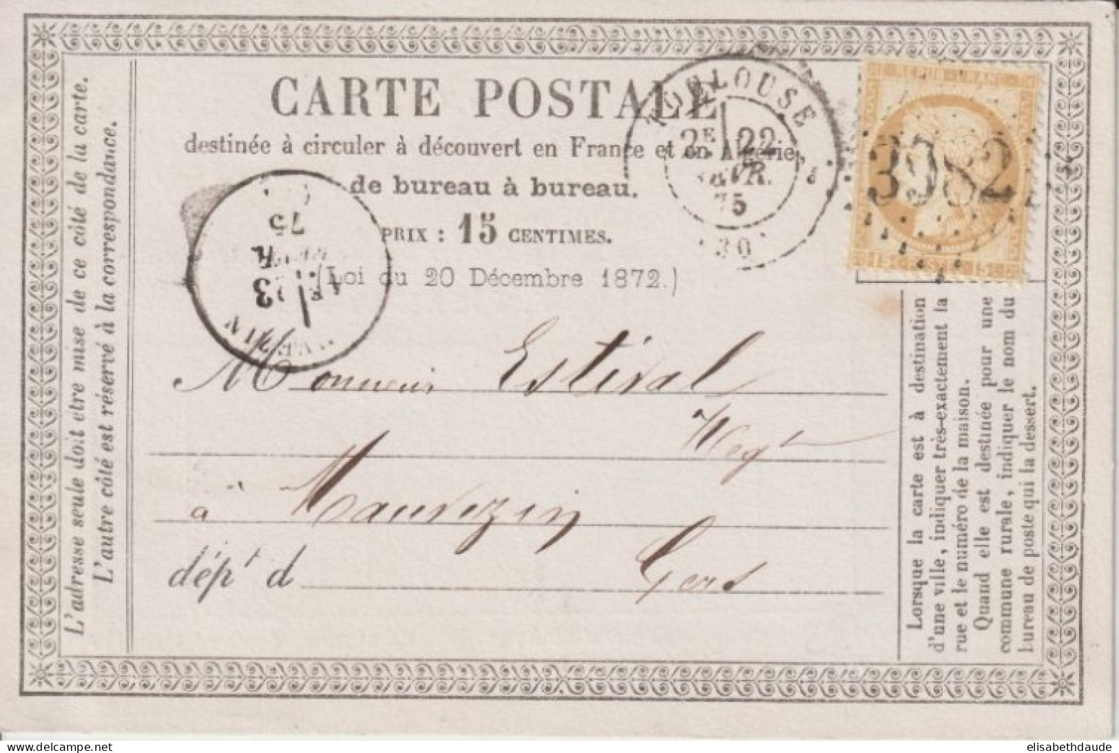 1875 - CP PRECURSEUR ENTIER CERES Avec REPIQUAGE PRIVE ! (RIGAL ET FILS) De TOULOUSE - Voorloper Kaarten