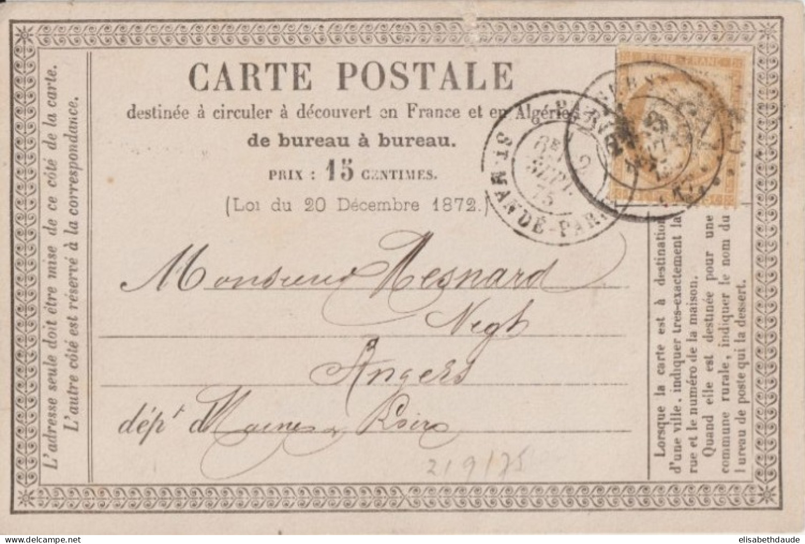 1875 - CP PRECURSEUR ENTIER CERES Avec REPIQUAGE PRIVE ! (TREBUCIEN ET FILS) De PARIS - Voorloper Kaarten
