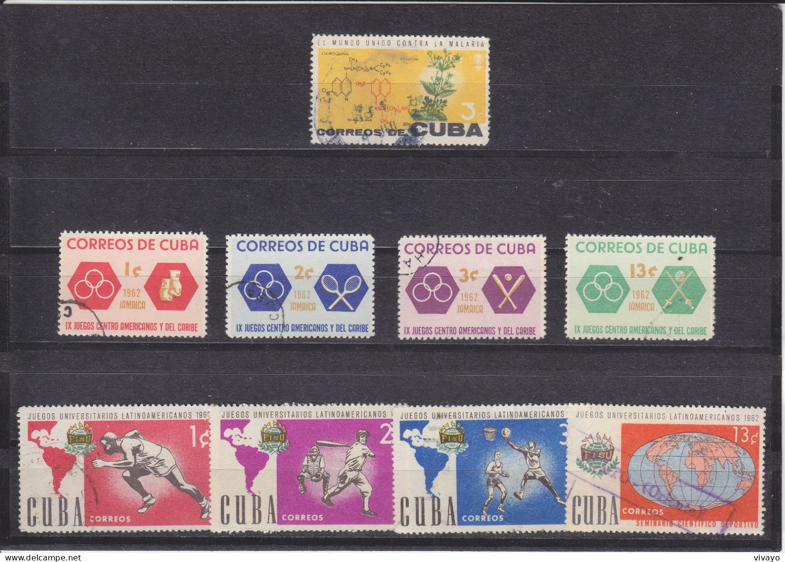 CUBA - O / FINE CANCELLED - 1962 - MALARIA, CARIBBEAN GAMES, UNIVERSITY GAMES - Gebraucht