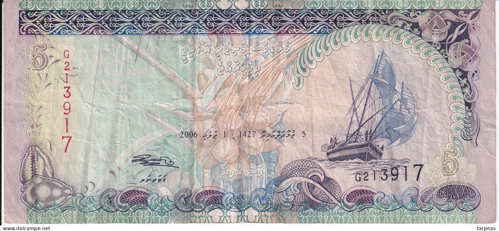 BILLETE DE MALDIVAS DE 5 RUFIYAA DEL AÑO 2006 (BANKNOTE) - Maldiven