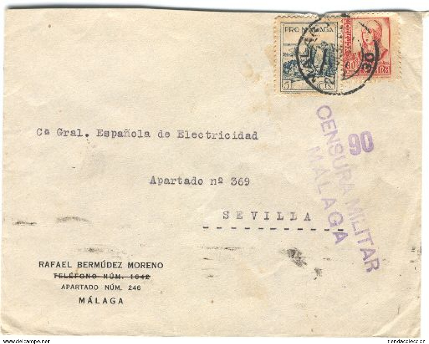 Edifil 823, Gálvez 425 En Carta, Circulada El 27/07/1937 De Málaga A Sevilla. - Otros & Sin Clasificación