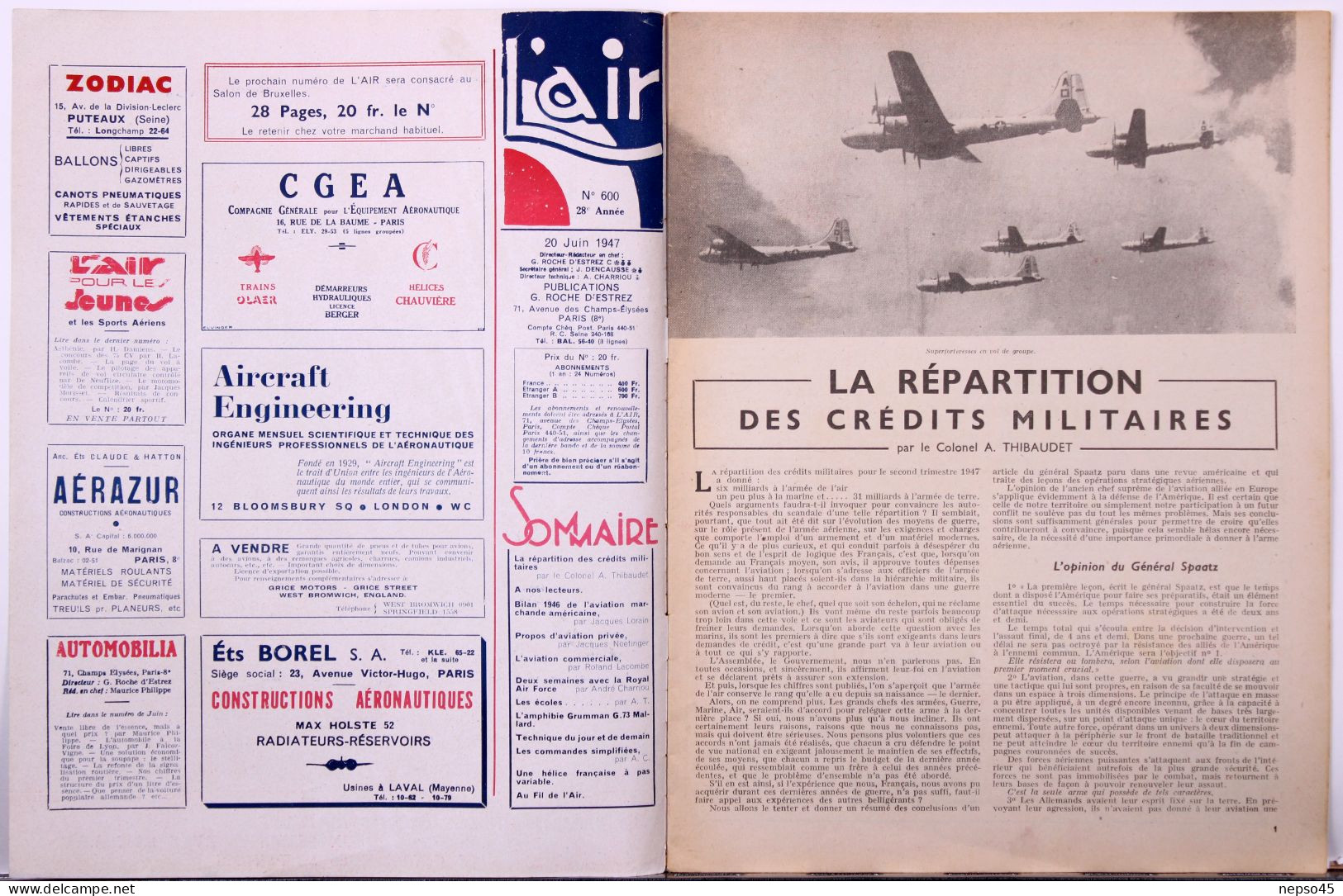 Avion.Revue " L'Air " 1947.répartition Des Crédits Militaires.opinion Général Spaatz.Le Biplace-école M.H. 52 La R.A.F. - Aviation