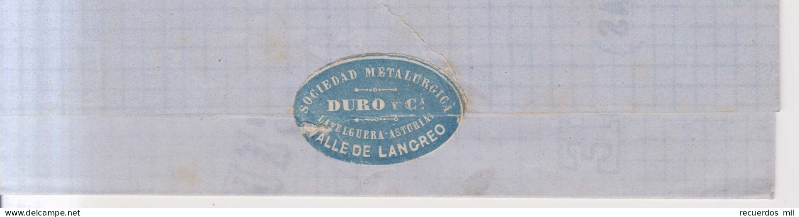 Año 1870 Edifil 107 Alegoria Envuelta Matasellos Oviedo 12 Membrete  Duro Y Cia - Briefe U. Dokumente