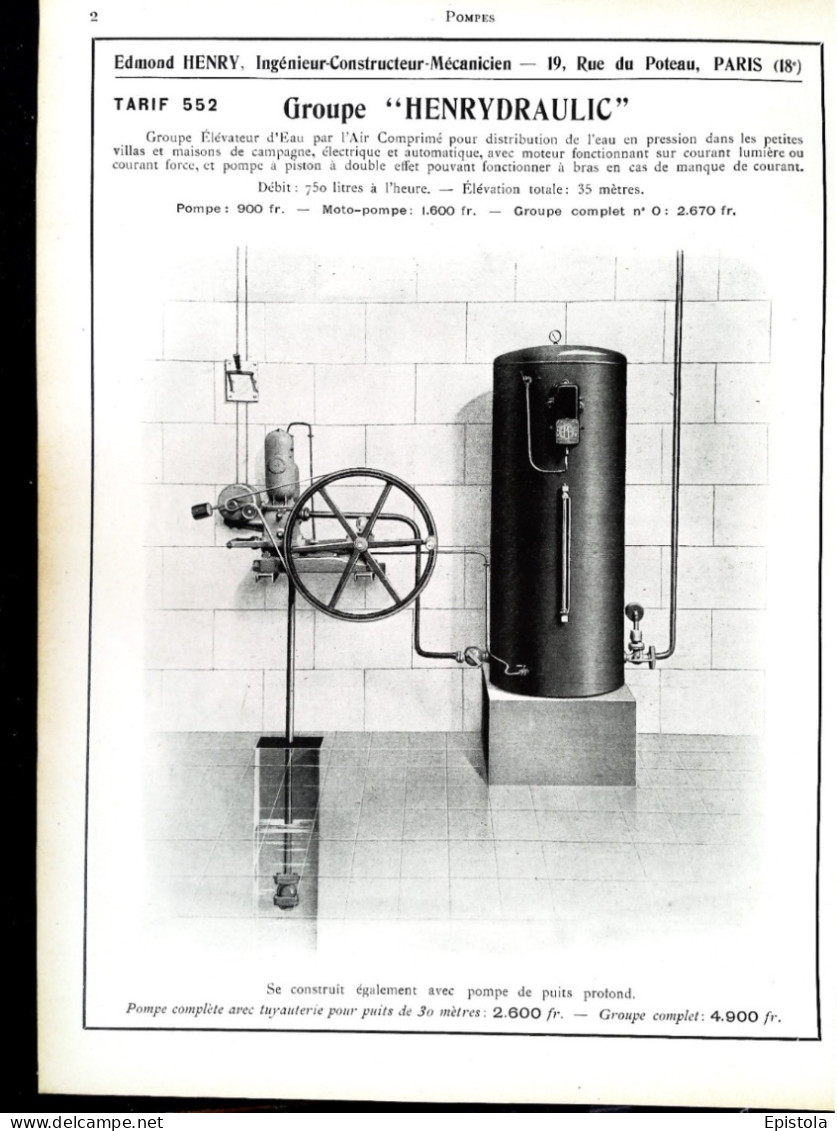 ►   POMPE De PUIT Profond "HenryDraulic"    - Page Catalogue Technique 1928  (Dims Env 22 X 30 Cm) - Máquinas