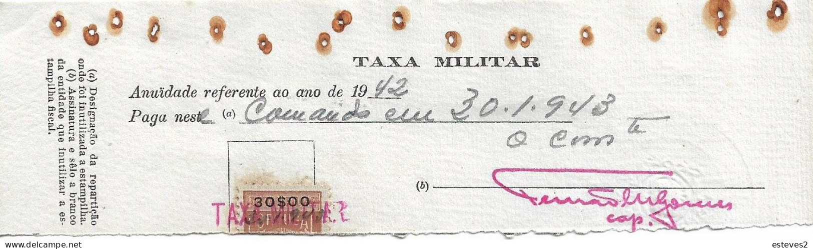 Portugal 1943 , Recibo Taxa Militar , Militar Tax Receipt , Revenue Stamp 30$00 - Briefe U. Dokumente