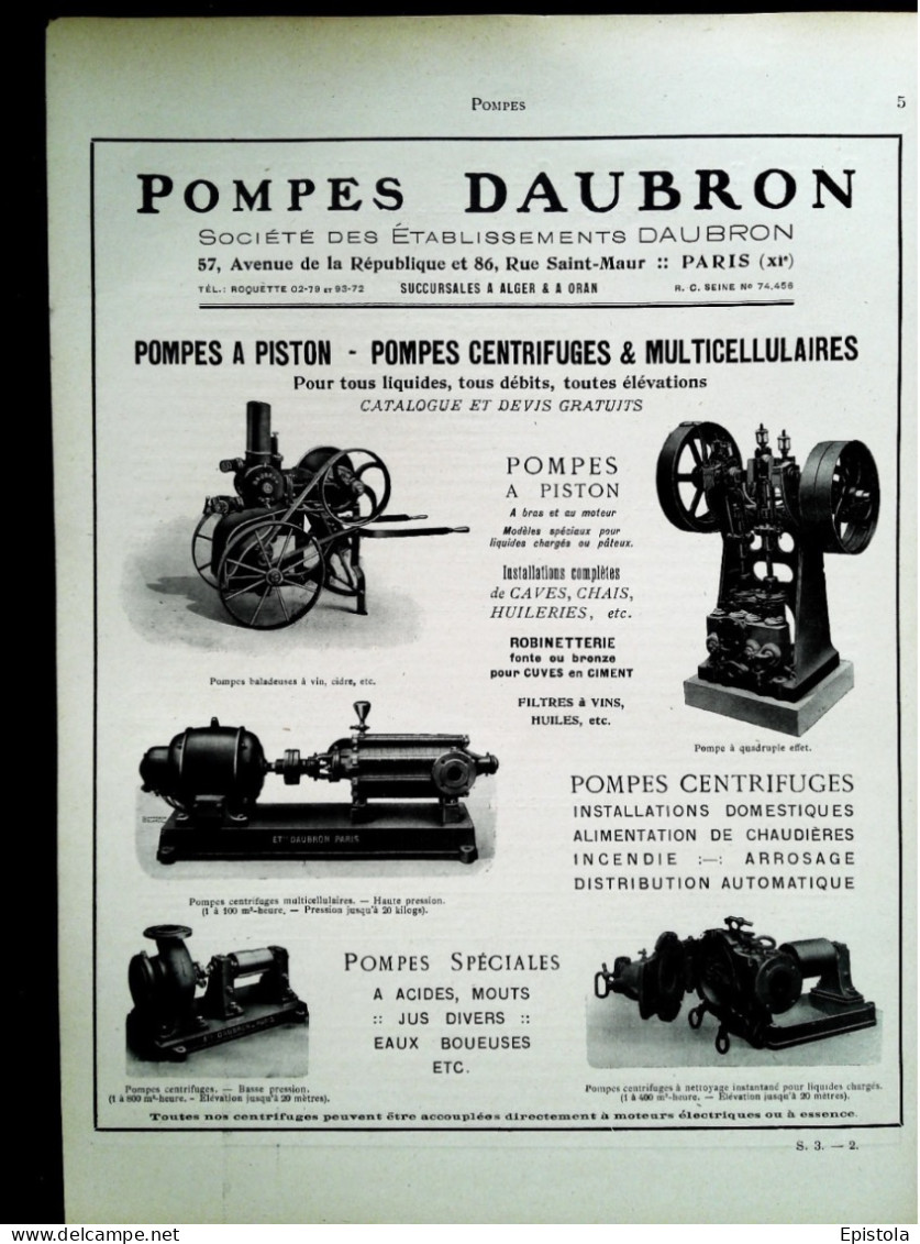 ►   POMPE à Piston DAUBRON Centrifuge à Vin , Cidre , Huilerie  - Page Catalogue Technique 1928  (Dims Env 22 X 30 Cm) - Macchine