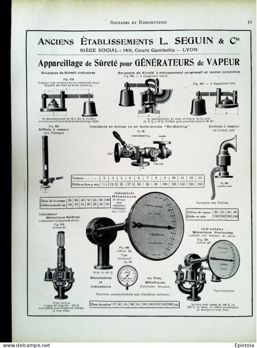 ► APPAREIL Sureté Générateur De Vapeur L. SEGUIIN Cours Gambetta LYON  - Page Catalogue Technique 1928  (Env 22 X 30 Cm) - Tools